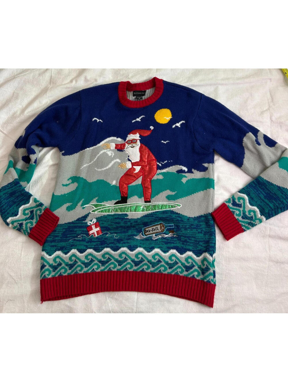 Blizzard Bay Surfing Santa Ugly Christmas Sweater Mens Size M Blue Surf Ocean